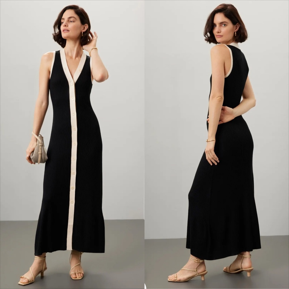 NWOT Sandro Gabriella black and ecru silk blend ribbed tank maxi dress - Picture 2 of 6
